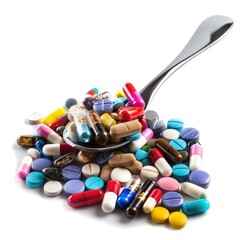 a spoon is in a bowl of pills and a spoon.