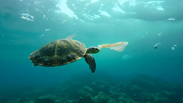 Sea Turtle Swims Near Plastic Bag in Ocean Generative AI