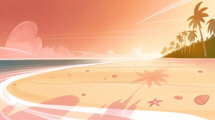 A simple and decorative illustration of a seaside beach, featuring elements like coconut trees, animals, shells, and waves, creating a picturesque coastal scene.