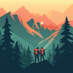 Fototapeta premium 23. **Backpacking trip, mountains and forest, flat design illustration**