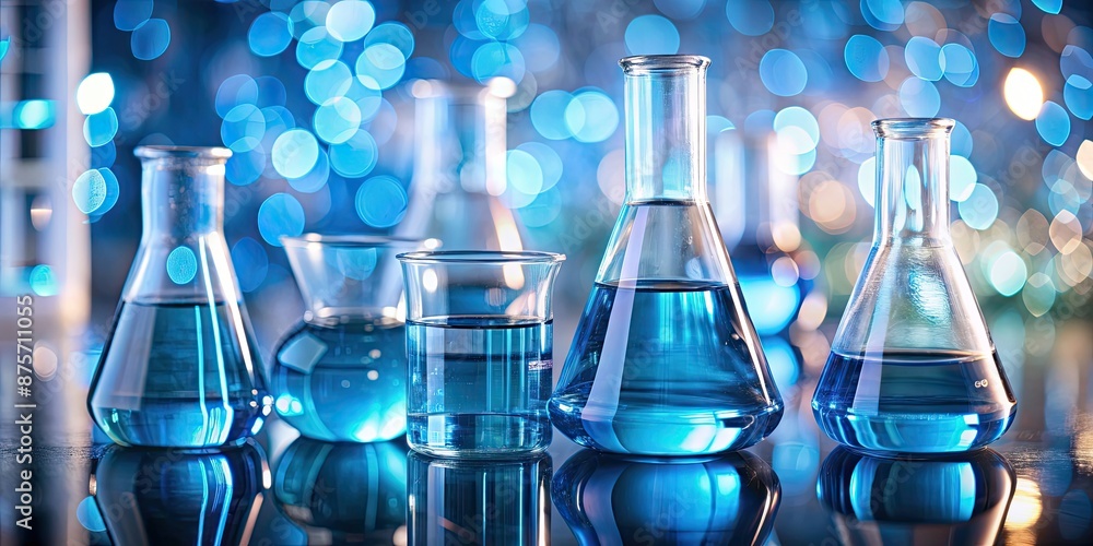 Canvas Prints Chemical process in a lab with blue liquids in glass vessels, captured in bokeh style, chemistry, science, laboratory