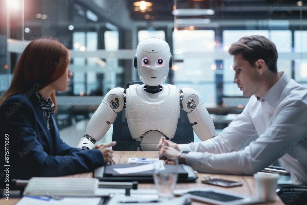 Poster in a corporate setting, a robot joins two executives in a meeting discussing artificial intelligence