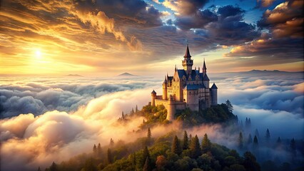 Beautiful castle in the clouds overlooking a stunning landscape, castle, clouds, fantasy, dreamy, fairytale, magical