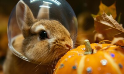 Close-up photo of a space bunny and a mini halloween pumpkin