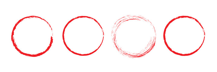 Grunge circles brush set. red circle frames. Round line of red  paint. Grunge round shapes. Circular ink brush stroke fro design elements. Vector illustration.