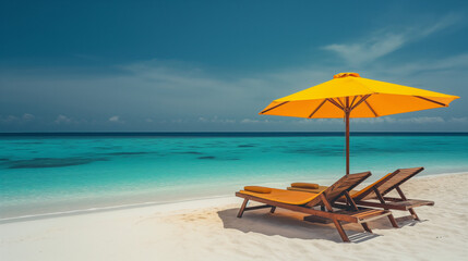 Obraz premium Two beach chairs and umbrella on the white sand of a Caribbean island with blue sea water in the background
