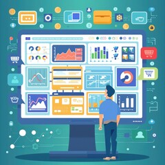 24. **Coding lesson, student programming, flat design illustration**