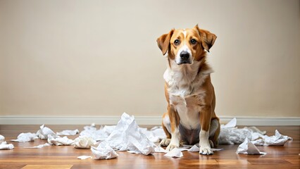 A cute dog sitting on a floor covered in scattered paper , dog, sitting, floor, paper, scattered,...