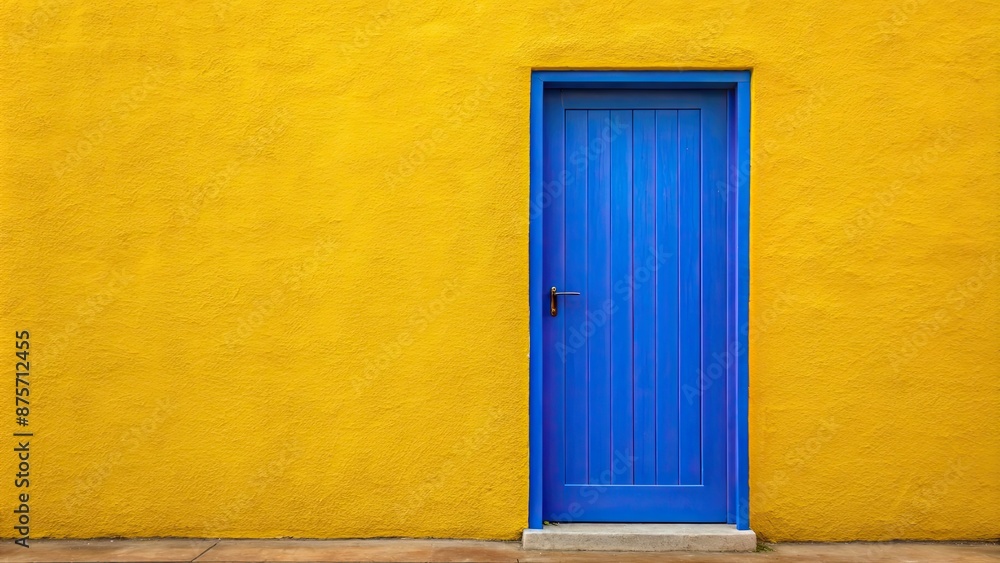 Wall mural Blue door standing out in a bright yellow wall, blue door, yellow wall, contrast, unique, vivid, colorful