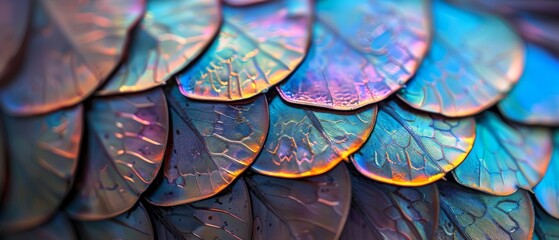 Close-Up of Iridescent Dragon Scales with Vibrant Colors and Intricate Patterns