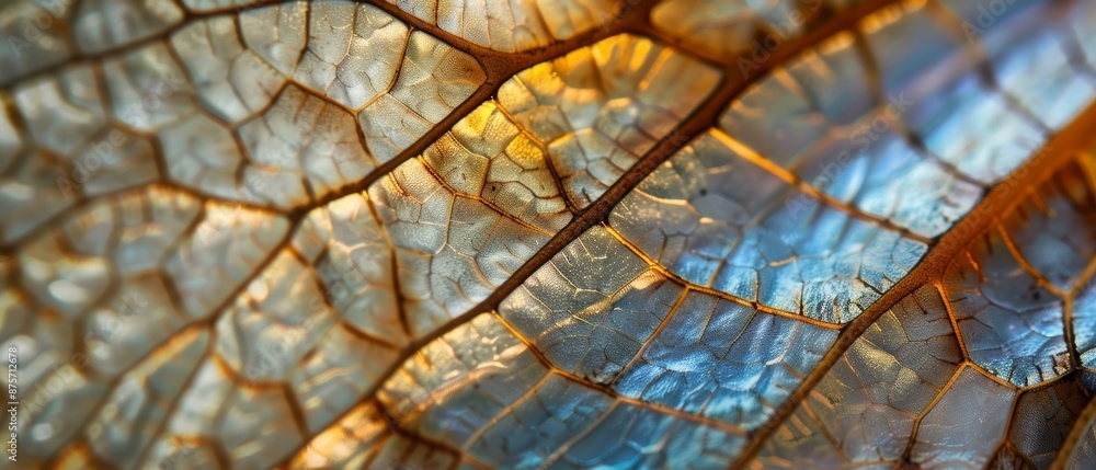 Poster close-up of colorful leaf veins with sunlight shining through, highlighting intricate patterns and t