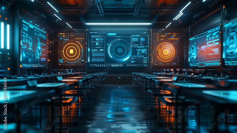 Poster futuristic control room with advanced computer interfaces, monitors, and empty desks, emitting an or