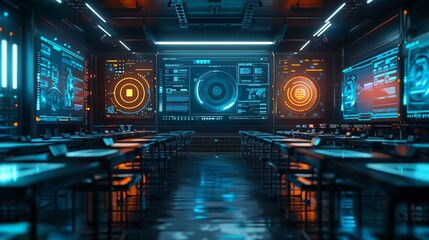 Futuristic control room with advanced computer interfaces, monitors, and empty desks, emitting an orange and blue glow.