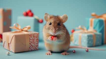 Small cute brown mouse holding a red ball in its paws on a blue background with presents around