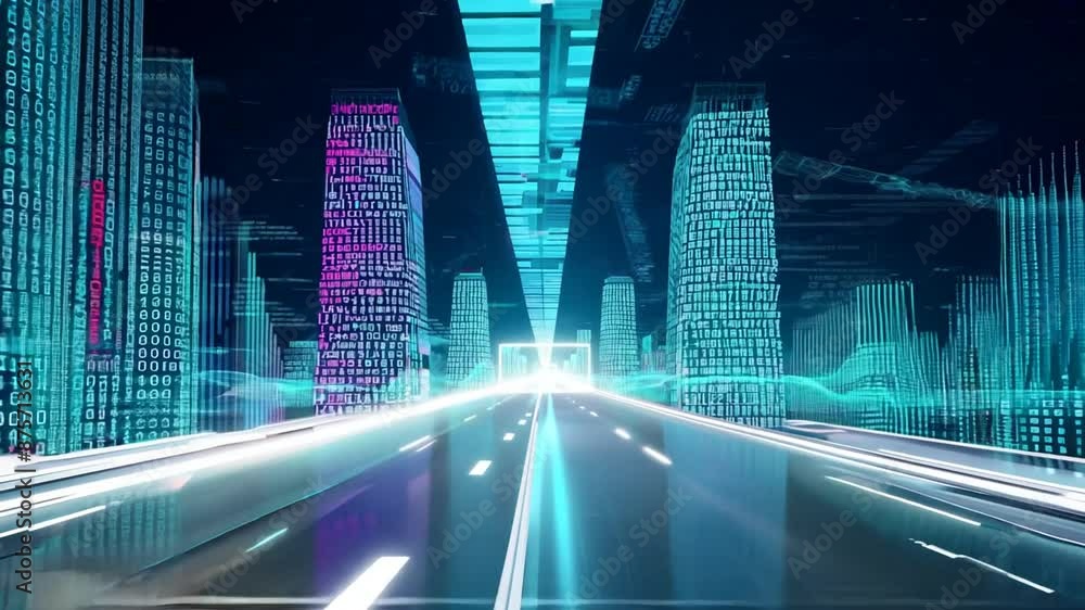 Poster digital highway through binary towers generative ai