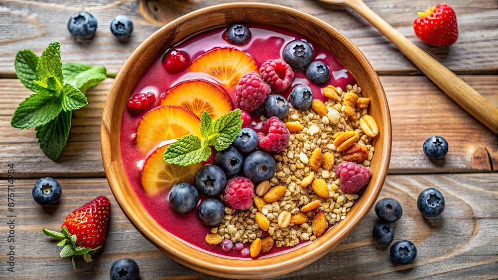 Wall mural A vibrant fruit smoothie bowl topped with berries, granola, and honey drizzle, refreshing, fruit, smoothie, bowl, berries