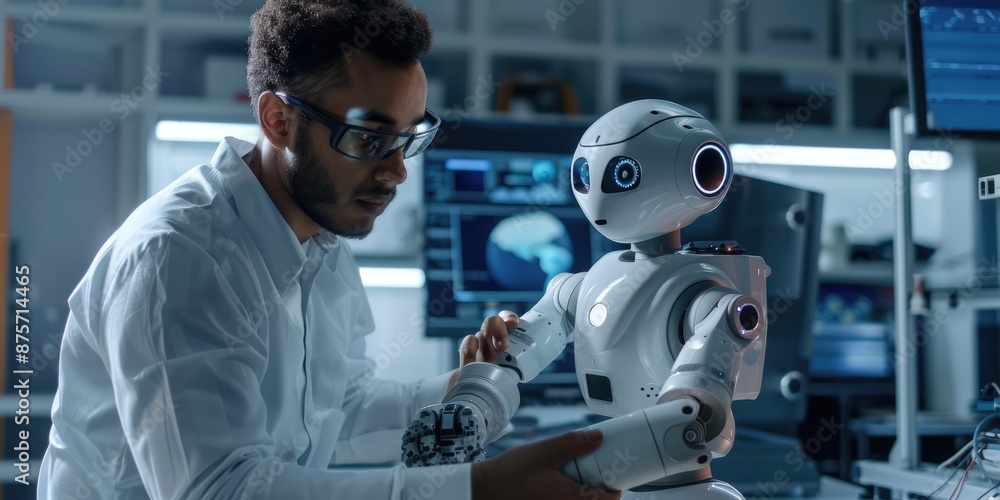Poster engineer examines robotic components with precision in futuristic lab, showcasing technological inno