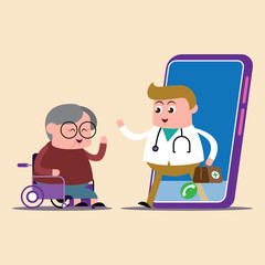 emotion cute vector, illustration flat cartoom character old woman sit wheelchair ,doctor show explain on line how take care good for healthy.