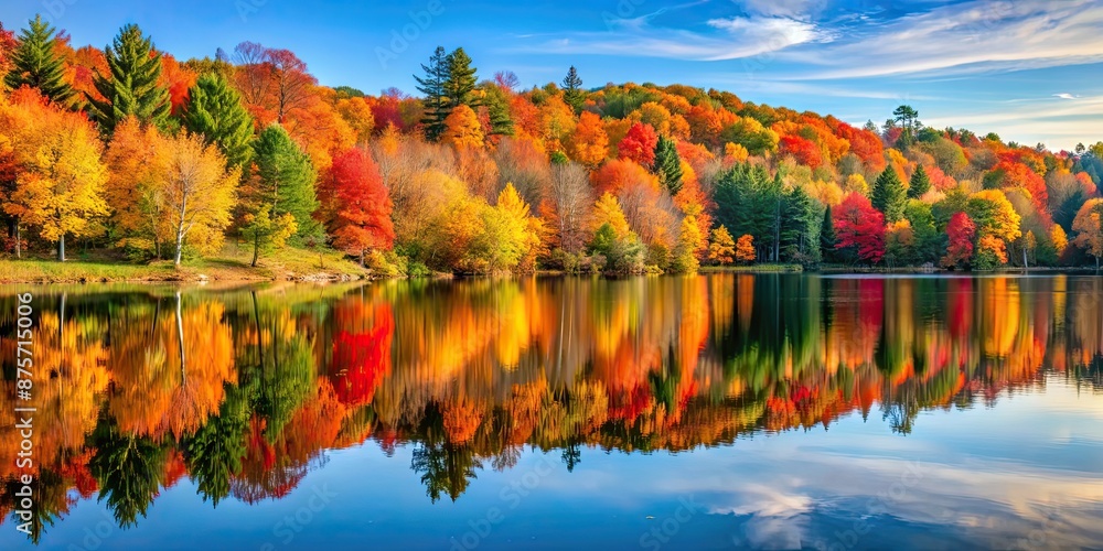 Poster Autumn landscape featuring a serene lake reflecting the colorful foliage surrounding it, autumn, landscape, lake, water