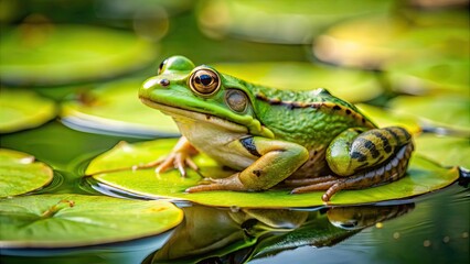 Obraz premium A vibrant green frog sitting on a lily pad in a pond, amphibian, wildlife, nature, colorful, exotic, tropical, cute, froggy
