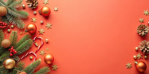 Fototapeta premium Charming coral orange background with festive decorations on the left side, coral, orange, charming, background