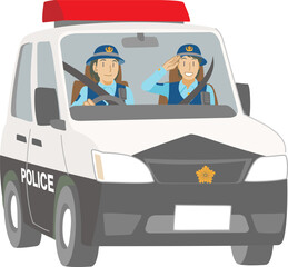 ミニパトカーを運転する婦人警官たちのイラスト © MASAGAMI