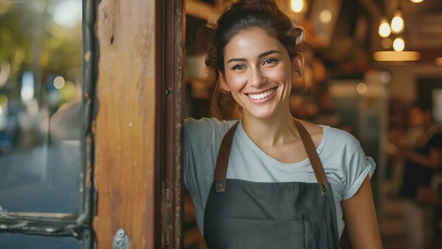 Small business owner standing at the door of cefe shop, a cheerful adult waiter waiting for customers at a coffee shop, successful small business owner, professional, service