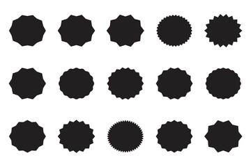 Black starburst sticker shapes set. Starburst price. Black Sale and discount stickers.