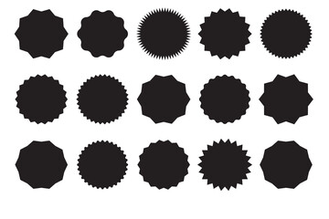Black starburst sticker shapes set. Starburst price. Black Sale and discount stickers.