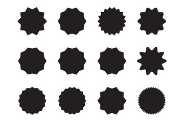 Sunburst sticker shapes. Rounded starburst zigzag badge, spiky oval, circle and star shaped price tag, discount and sale label stickers. Jagged silhouettes vector set.