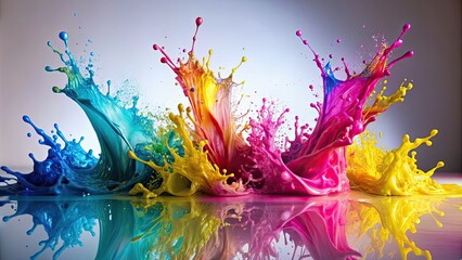 Fototapeta premium Abstract photo of colorful splashes in CMYK concept, splash, colors, CMYK, abstract, vibrant, paint, artistic, rainbow, design