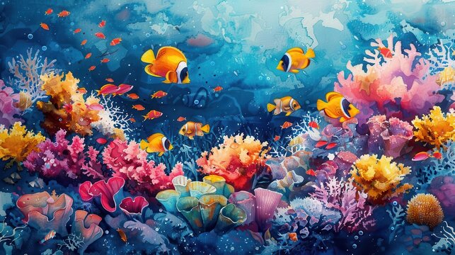Vibrant marine life swimming among colorful coral reefs