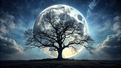 A spooky silhouette of a tree against a night sky with a full moon shining through the branches, tree, night, moon, spooky