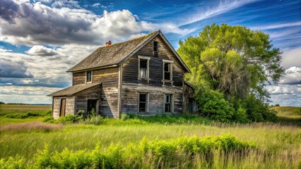 Obraz premium Abandoned farm house in rural Alberta with overgrown vegetation, abandoned, farm house, rural, Alberta, overgrown