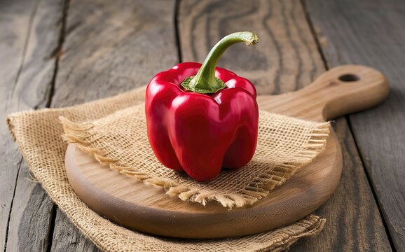 a vibrant, red capi pepper placed on a weathered wooden surface