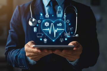 Naklejka premium Businessman with tablet showing holographic health, highlighting tech advancements in healthcare.