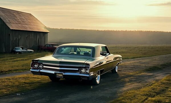 Nostalgic Drive: Forest Green Chevy Impala by the Barn