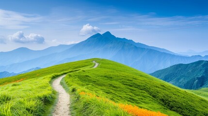 Fototapeta premium A winding path leads up a grassy hill towards a mountain range under a clear blue sky.