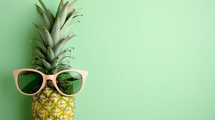 Vibrant summer composition with a pineapple and a pair of sunglasses on a pastel green background