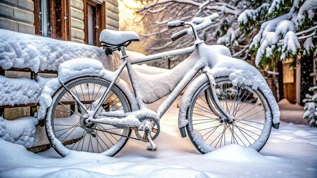 A detailed photo of a bike covered in snow during the winter season, bike, snow, winter, cold, frozen, outdoors, seasonal