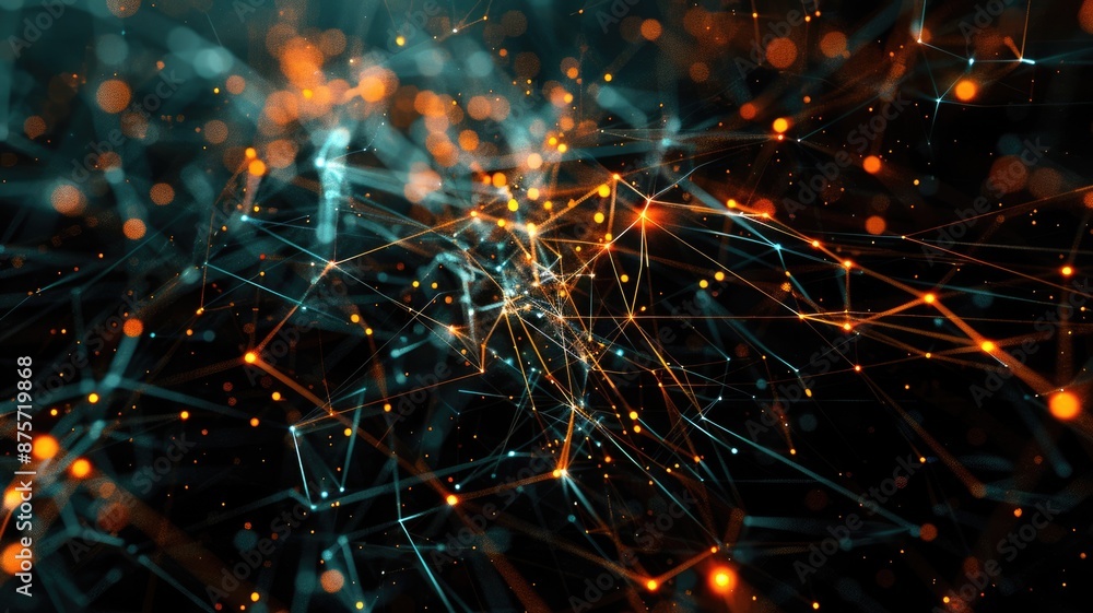 Aufkleber abstract art of digital network with glowing orange and blue dots on a dark background. digital art 