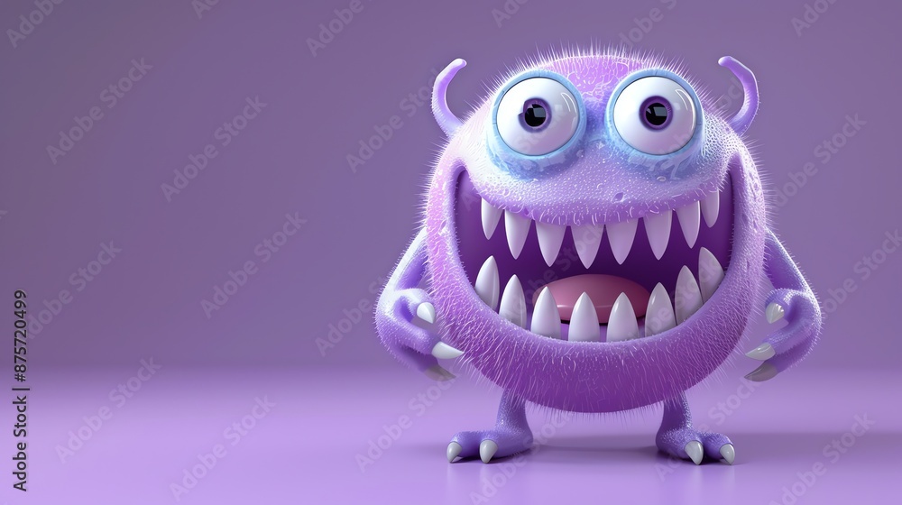 Wall mural A 3D cartoon monster with purple fur, a big smile, and sharp claws stands against a purple background.