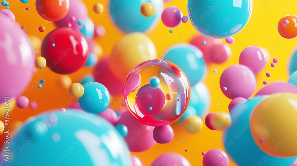 Poster a 3d rendering of colorful spheres floating in the air.