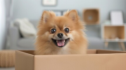 Cute Pomeranian dog with a happy expression sitting inside a cardboard box in a cozy, modern living room