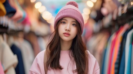 Fototapeta premium A young woman exudes effortless elegance while browsing through a trendy boutique, showcasing the latest fashion trends and a chic atmosphere Discover the perfect outfit for your next stylish