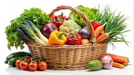 A full basket overflowing with fresh vegetables isolated on background, vegetables, basket, fresh, healthy, organic