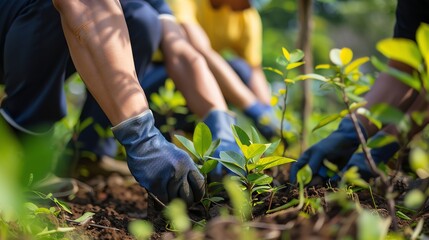 Close up of hands planting a sapling.