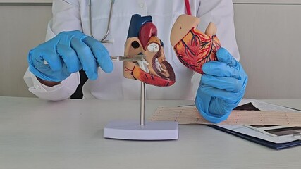 Hand of doctor cardiologist with scalpel anatomy of heart