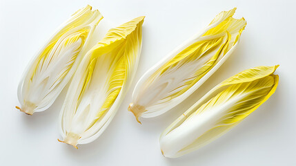 Endive and chicory salad halves arranged with precision, showcasing intricate incisions and carefully laid shadows on a pristine white background in high-definition