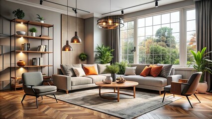 Fototapeta premium A cozy and stylish interior design of a modern living room, interior, design, living room, cozy, stylish, furniture